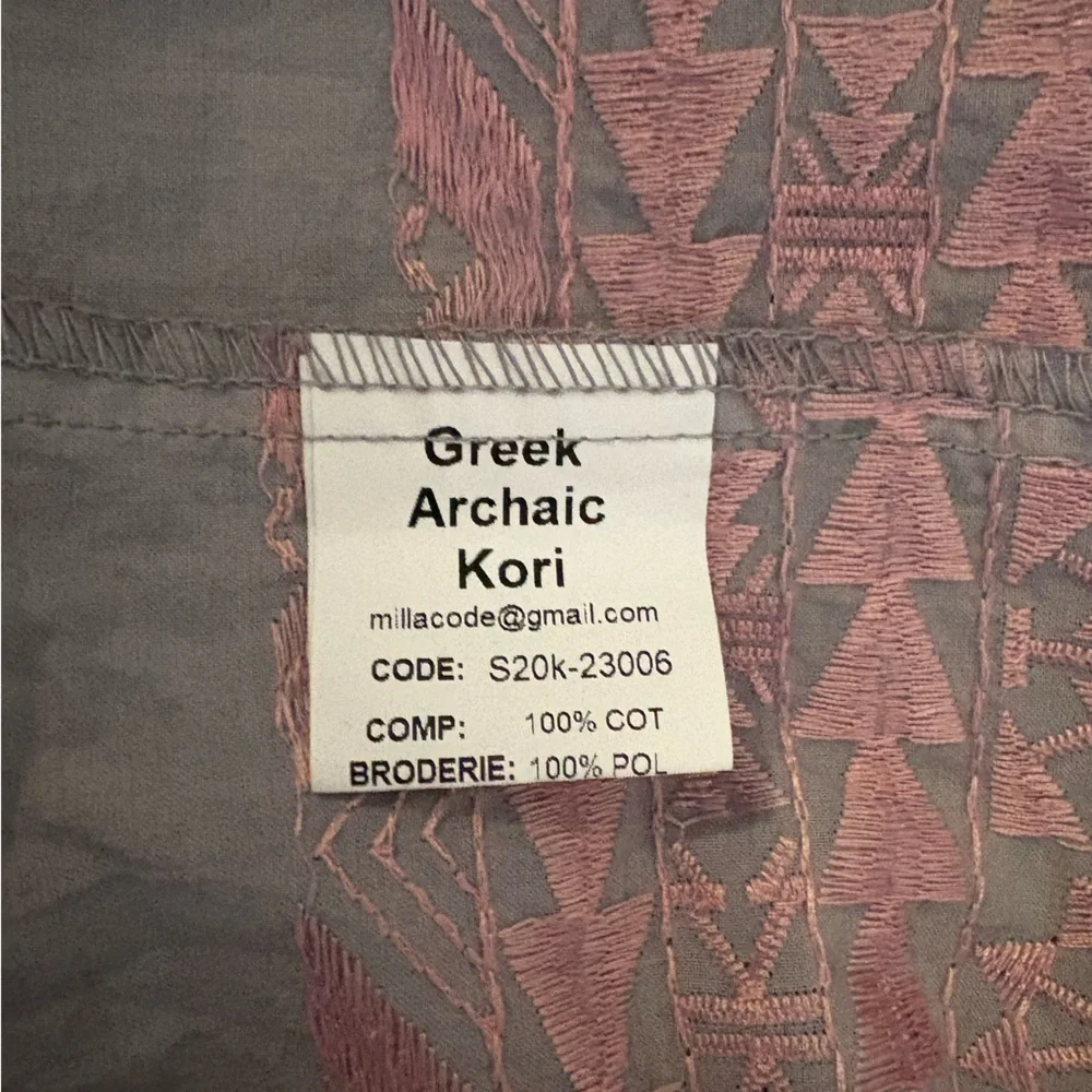 Greek Archaic Kori Embroidered 3/4 Flared Sleeve Dress in Pink and Grey. Size S - Picture 5 of 6